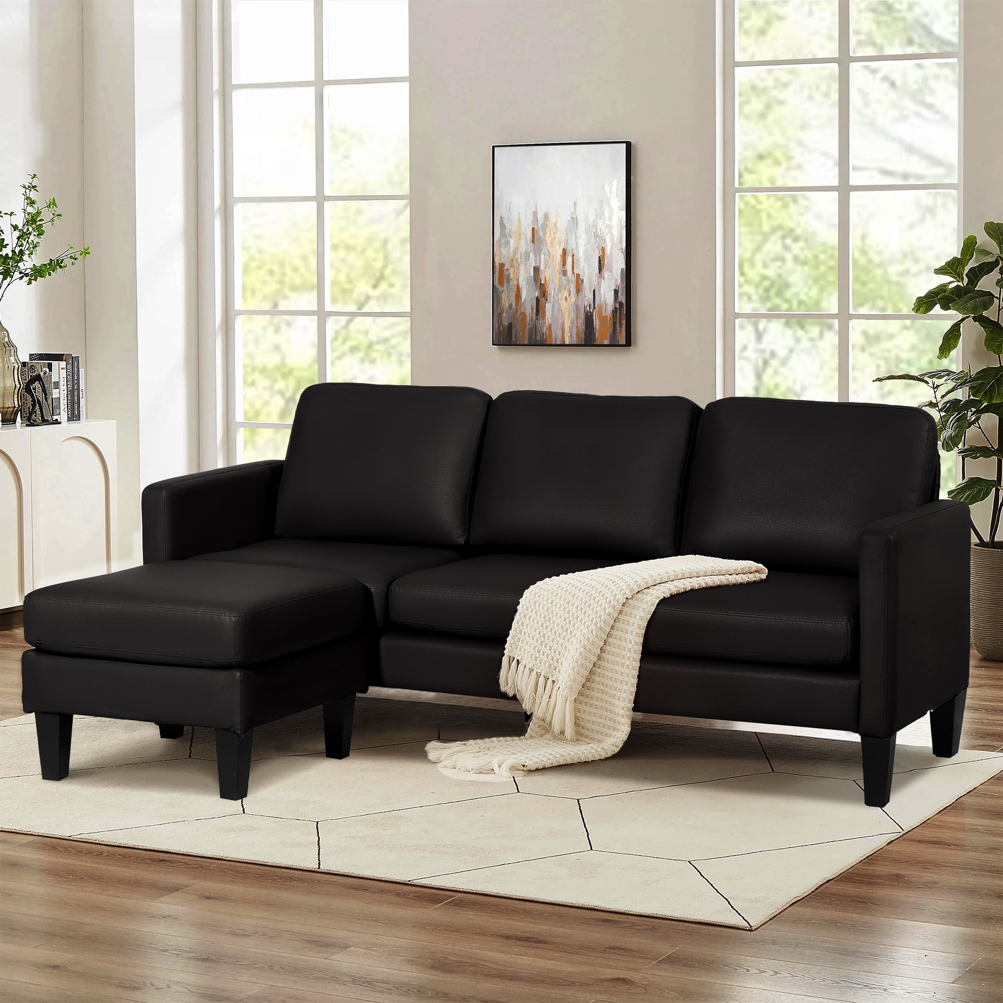 Magic Union Sectional Sofa,Faux Leather Mid-Century Modern Reversible Couch,L Shaped 3-Seat Sofa Couch with Chaise for Living Room,Apartment and Small Space,Black