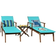 3Pcs Protable Patio Cushioned Rattan Lounge Chair Set with Folding Table-Turquoise