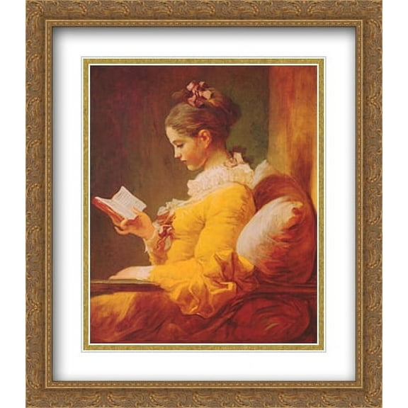 A Young Girl Reading 2x Matted 26x32 Large Gold Ornate Framed Art Print by Jean Honore Fragonard