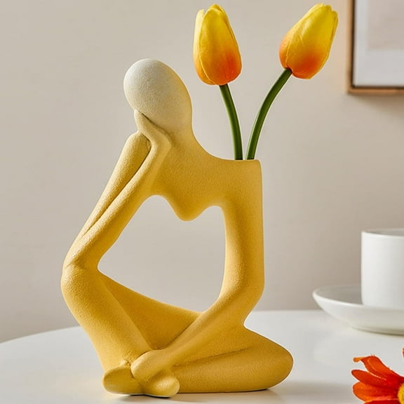 Farcauo Ceramic Thinker Vase Yellow Flower Vase for Home Decor Modern Cute Boho Vases for Table Room Decor Unique Aesthetic Vase Ceramic Decorative Face Vases for Centerpieces Birthday Gift for Women