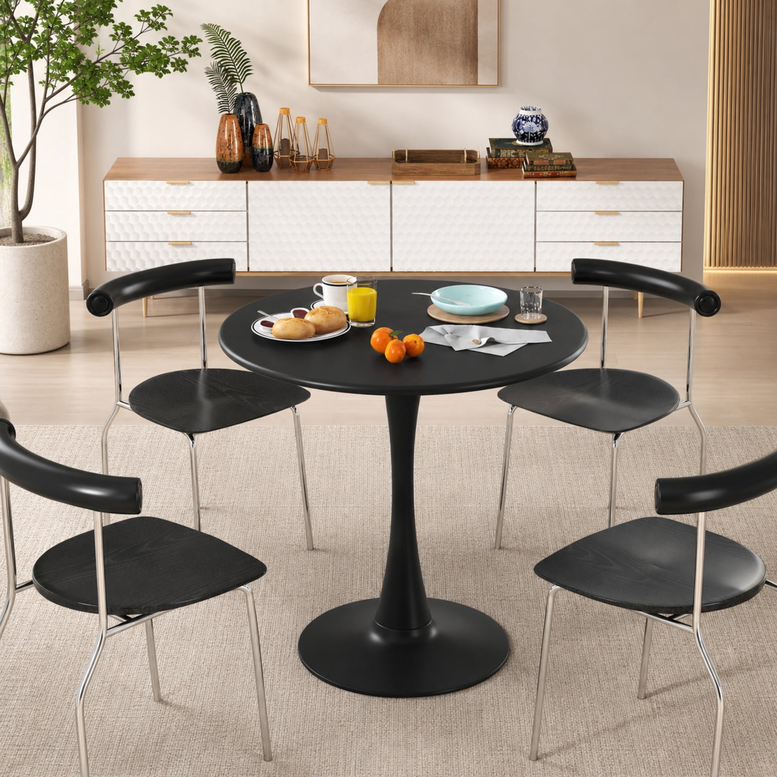Furnibear 31.5 Inch Round Dining Table with Anti-Slip PP Ring for Kitchen Dining Room Breakfast Nook Small Space Home, Black