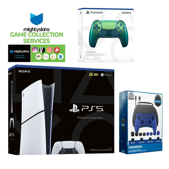 Sony PlayStation 5 Slim Digital with Extra Chroma Indigo Controller, Pro Gamer Starter Kit and MightySkins Game Pack Code
