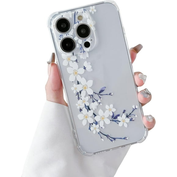 UTAH-Soft Case Compatible with iPhone 16 Pro, Clear Floral Flower Pattern Print Design Flexible TPU Shockproof Cover for Women Girls, Flower Protective Phone Case, White Pear Blossom