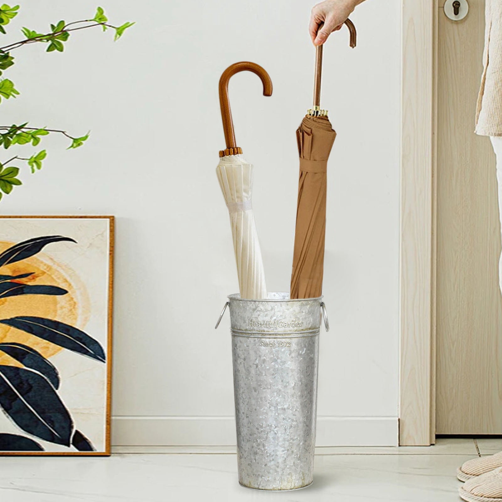 Galvanized Metal Umbrella Stand Holder for Walking Sticks and Canes Farmhouse French Style Decorative Storage Bucket with Handles