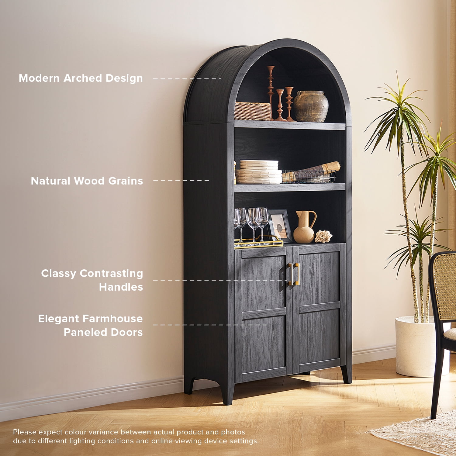 mopio Lauren 77.4" Tall Arched Cabinet, 5-Tier Arched Bookcase with Doors and Adjustable Shelves, Arched Bookshelf with Storage, Kitchen Pantry Cabinet, Wooden Storage Cabinet for Living Room