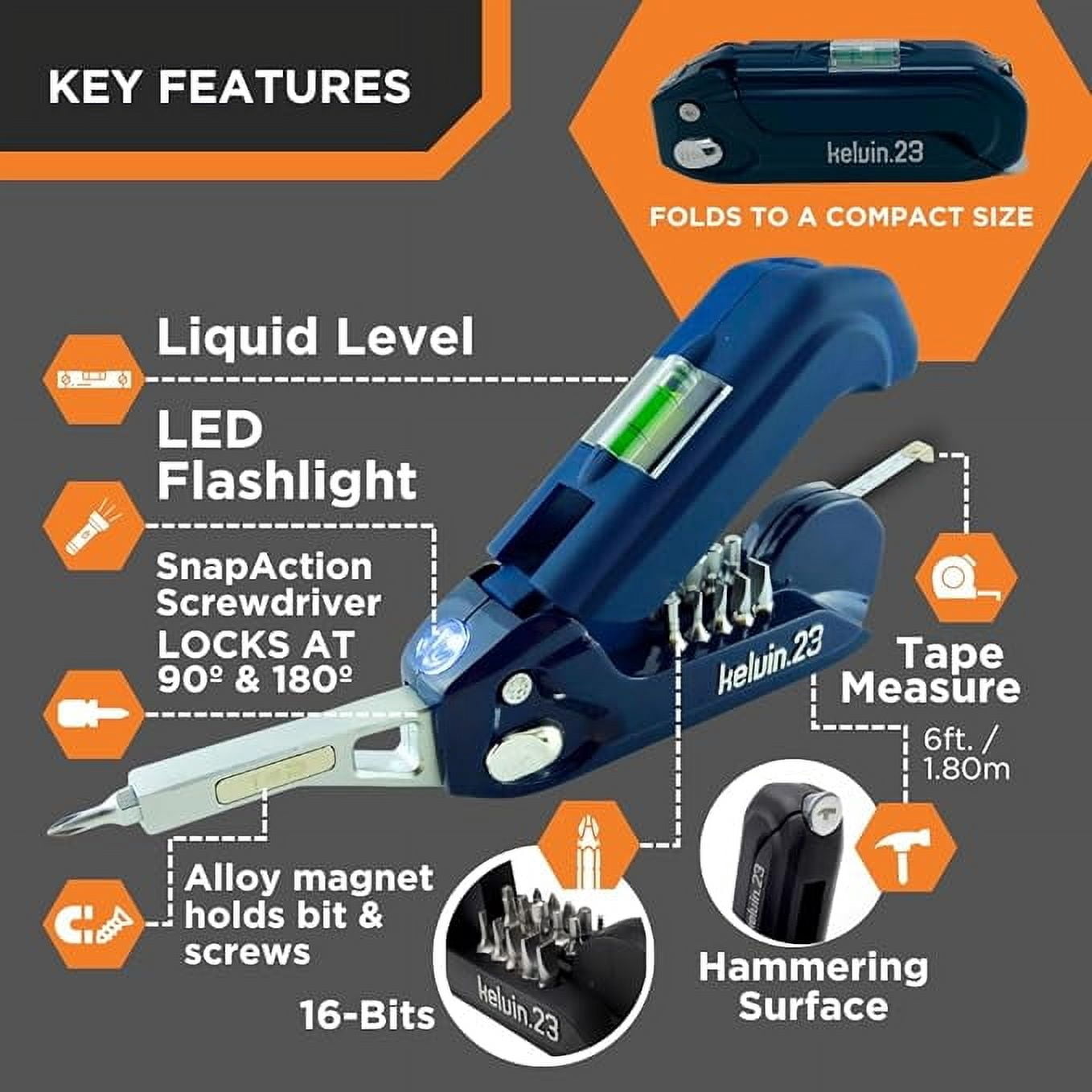 Kelvin Tools Kelvin 23 Urban Multi Tool Screwdriver Set All in One with 16 Bit Set, Tape Measure, Liquid Level, Hammer, Flashlight Multibit Pocket Screwdriver, Universal Precision Screwdriver