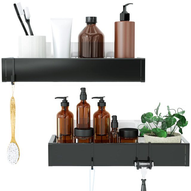 Organizador adhesivo Shower Caddy Roseyat con ganchos, paquete de 2 unidades, color negro