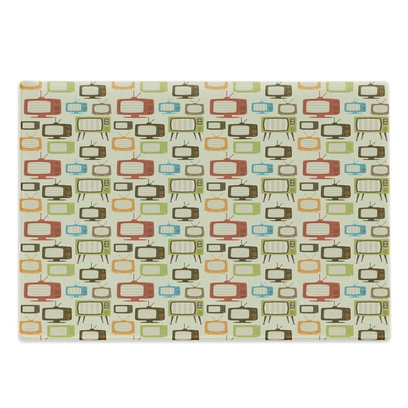 Vintage Cutting Board, Old Televisions Pattern in Retro Colors Antenna Electronics Entertainment Nostalgic, Decorative Tempered Glass Cutting and Serving Board, Large Size, Multicolor, by Ambesonne