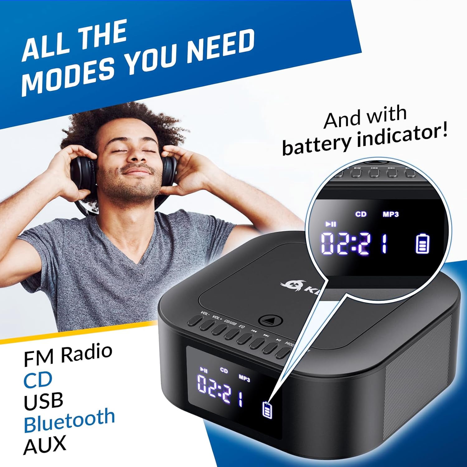 Restored KLIM Boombox E1 - CD Player Portable Stereo + Extra Bass built-in Subwoofer + FM Radio, Bluetooth, Remote, Rechargeable Battery (Refurbished)