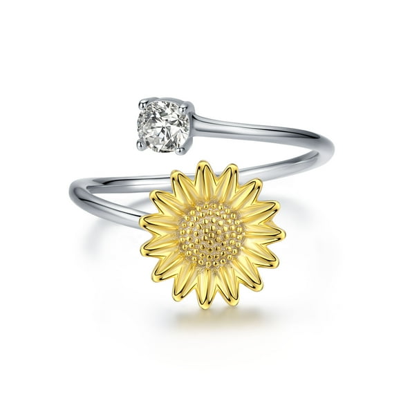 Coachuhhar Bague Tournesol S925 Argent Sterling Réglable Fleur Dorée Délicate Bande Ouverte avec Zircon Cubique Bagues Empilables Mi-Doigt Bijoux Cadeaux pour Femmes Maman Promesse Taille 6/7/8/9