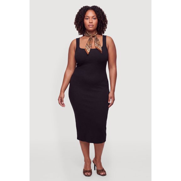 Women's Plus Size Sleeveless Knit Square Neck Bodycon Dress