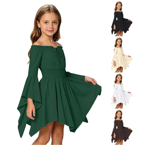 Yuhangmm Girls Pirate Dress Off Shoulder Renaissance Dress Fairy Halloween Medieval Dress Green 3-4 Years
