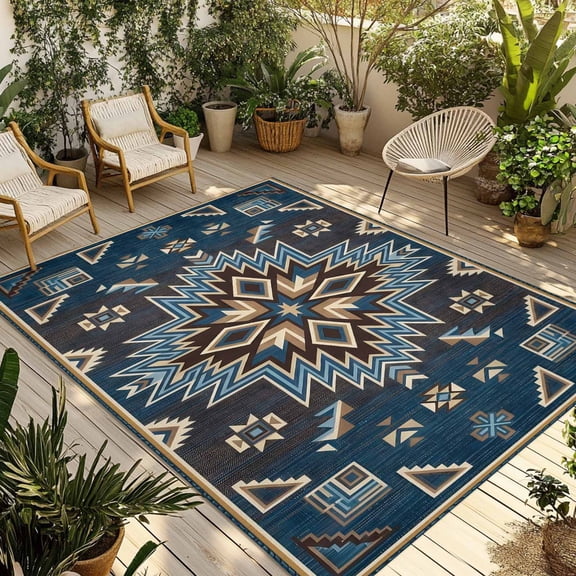 Navy Blue Brown Boho Outdoor Rug for Patio/Deck/Porch, Non-Slip Large Area Rug 5 x 7 Ft, Southwest Ethnic Abstract Geometric Indoor Outdoor Rugs Washable Area Rugs, Camping Rug Carpet Runner