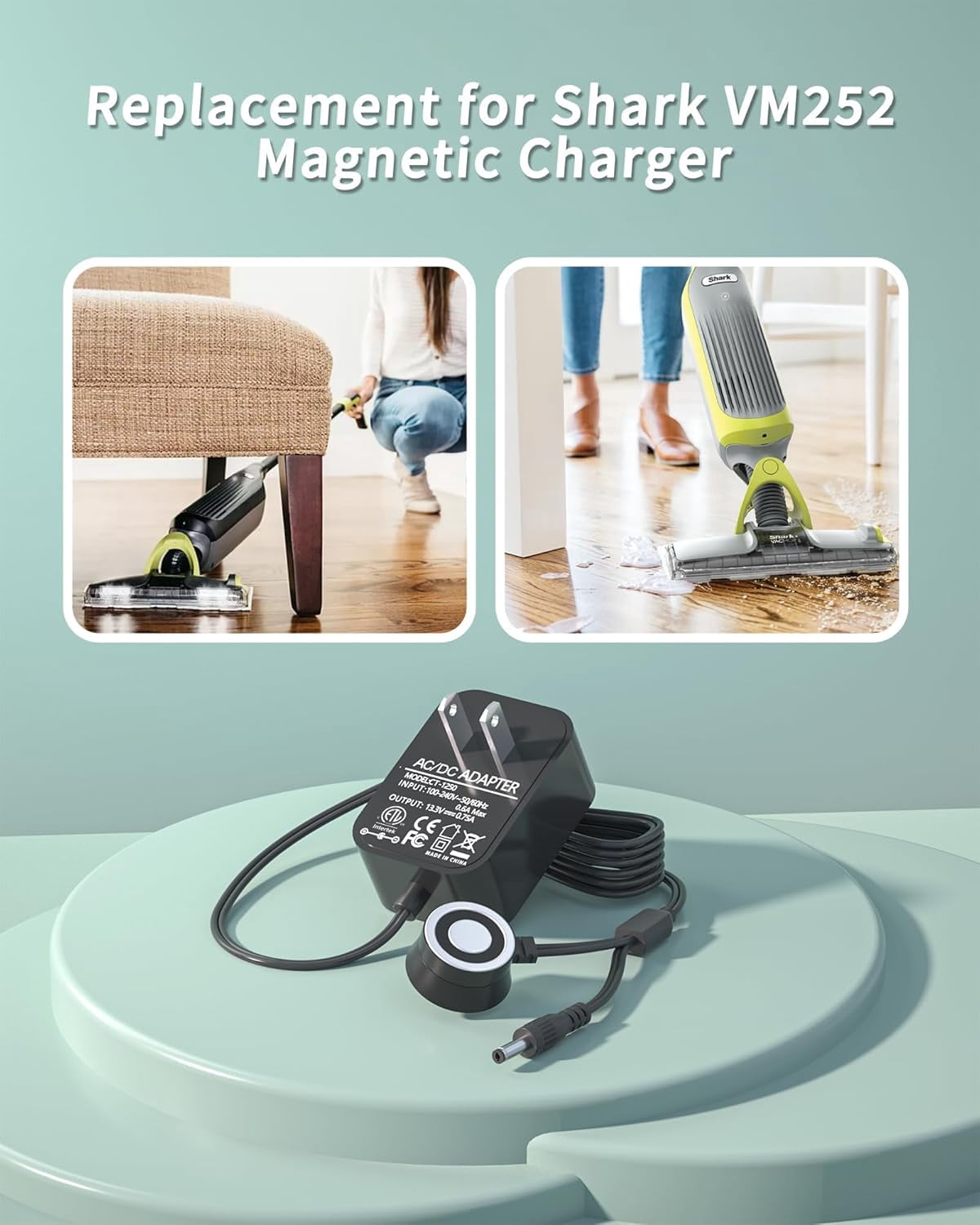 Replacement for Shark Vacmop Charger - 13.3V Versatile Dual Connector Compatible with Shark VM252 VM251 VM252C QM250 VM200(Old) VM200C VC200 UM205 VC205 Hard Floor Vacuum Mop