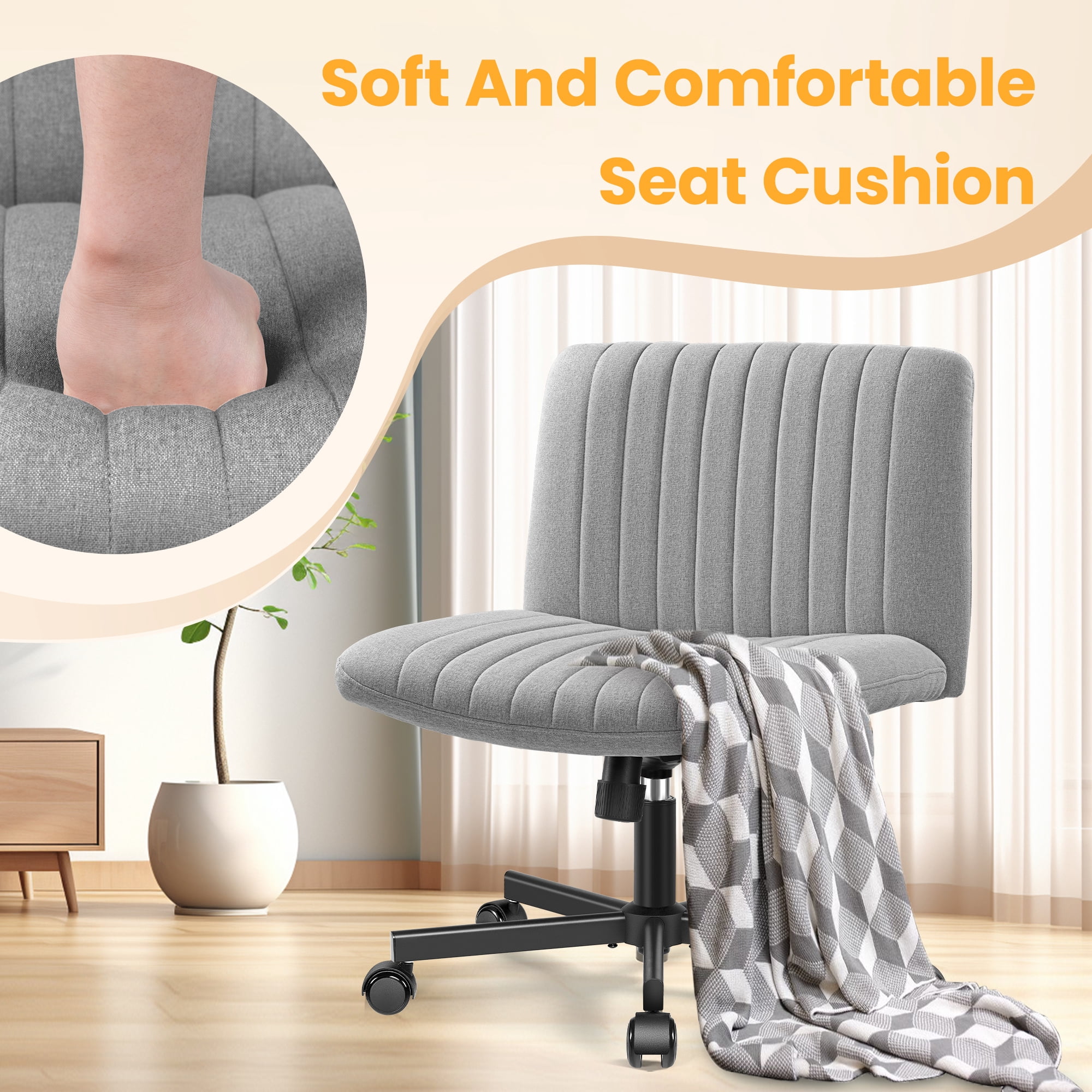 COOLHUT Office Chair Armless Criss Cross Legged Chair with Wheels, Linen Fabric Comfy Home Office Desk Chairs, Wide Seat Vanity Task Computer Chair, Light Gray