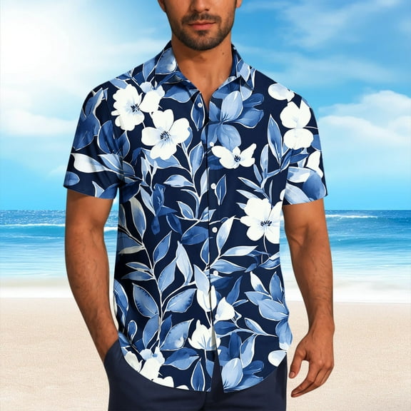 Zylanna Men's Hawaiian Shirts, Quickly Dry Casual Short Sleeve Turndown Collar Summer Beach Button Down Shirts Blue Size 2XL