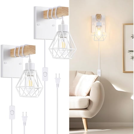 Wooden 2-Light White Plug-In Wall Sconces with Geometric Metal Shade (2 Count)