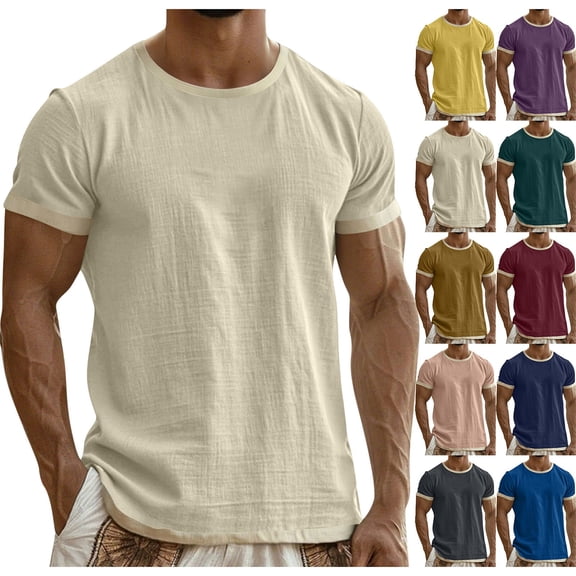 srobpty Mens Summer Solid Color Linen Round Neck Button Short Sleeve Blouses and Shirts Lightweight for Summer Wear