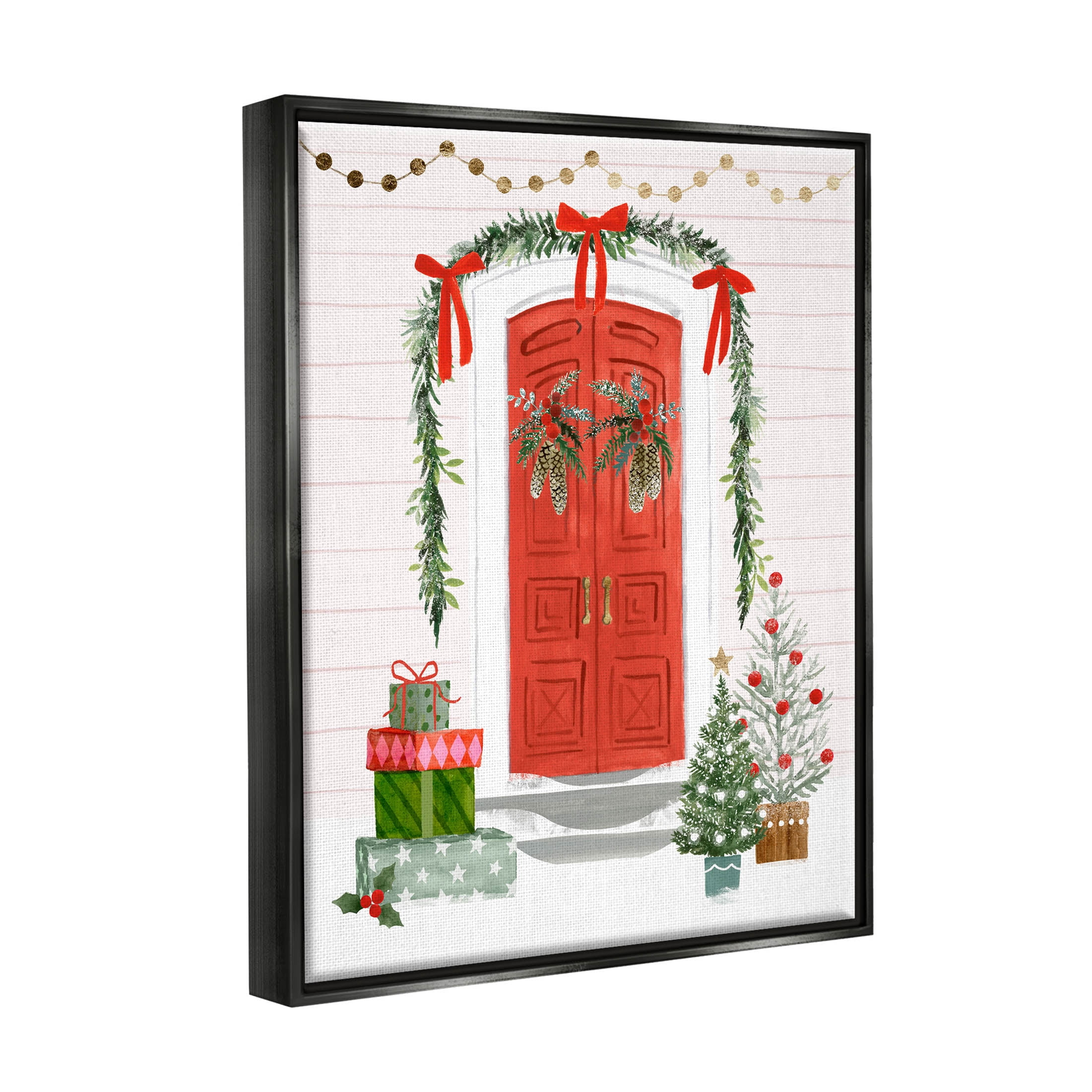 Stupell Industries Red Jolly Christmas Doorway Graphic Art Jet Black Floating Framed Canvas Print Wall Art, Design by Victoria Barnes