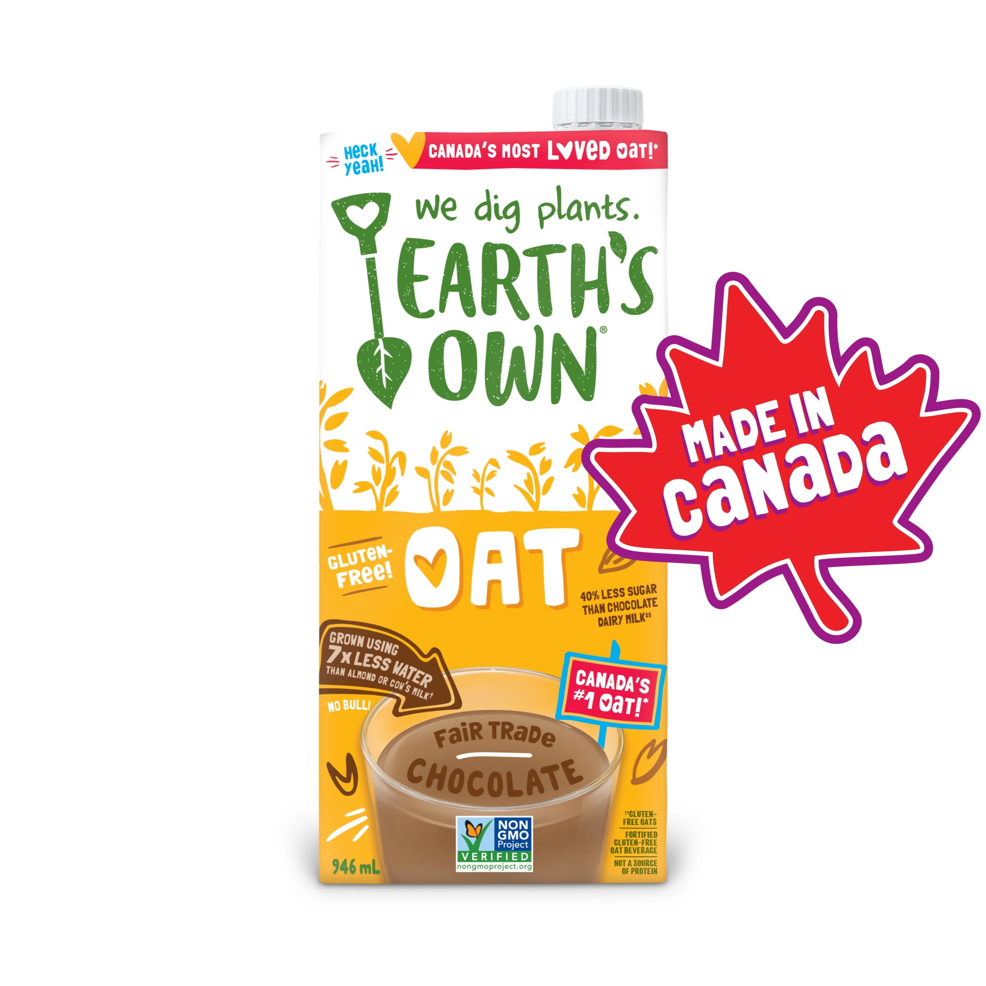 Boisson a l'avoine chocolat Earth's Own 946ml_FR Earth's Own boisson à l'avoine Earth's Own, Chocolat , à base de plante, sans gluten, Sans produits laitiers, fabrique au Canada avec de l'avoine cultivée au Canada