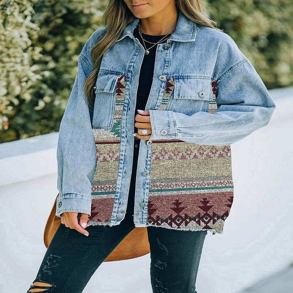 Women's Denim Jacket Aztec Shacket Distressed Lapel Long Sleeve - Main Image