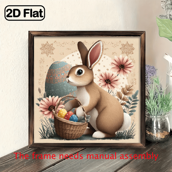 2D Flat - 1pc Vintage-Inspired Bunny Easter Eggs Wooden Sign - Rustic 8x8 Inch Wall Hanging Decor with Brown Rabbit Colorful Easter Eggs, Farmhouse Door Art for Home, Garden, or Cafe, Perfect Gift