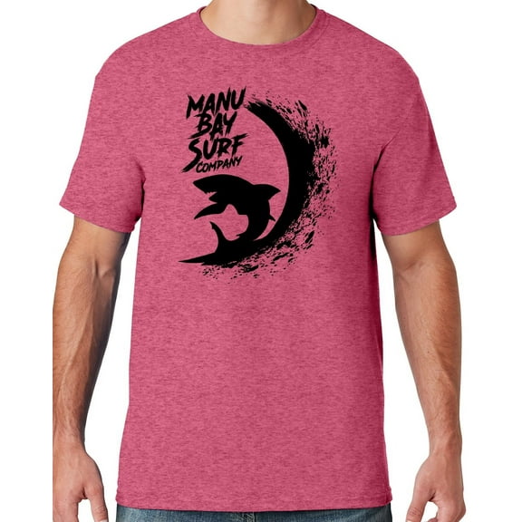 Mens Manu Bay Surf Company BLACK SURFING SHARK T-shirt, Large Vintage Heather Red