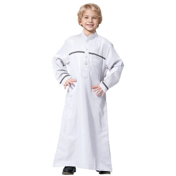 Gelikeya Robe for Boys Muslim Long Sleeve Thobe Abaya Arab Kaftan Zipper Arabic Dubai Dress With Pockets White, 13-14 Years