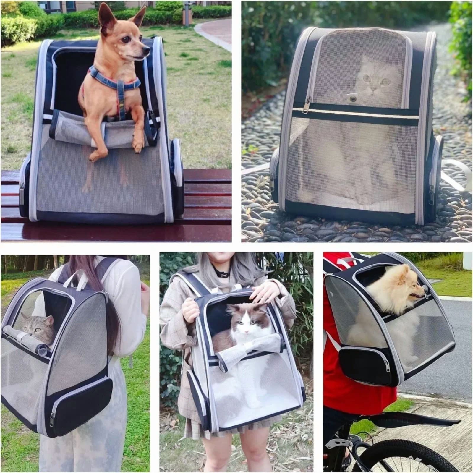 DENZUS Pet Backpack, Expandable Travel Carrier for Medium Cats and Small Dogs up to 17 lbs, Breathable Collapsible Bag for Hiking – Black