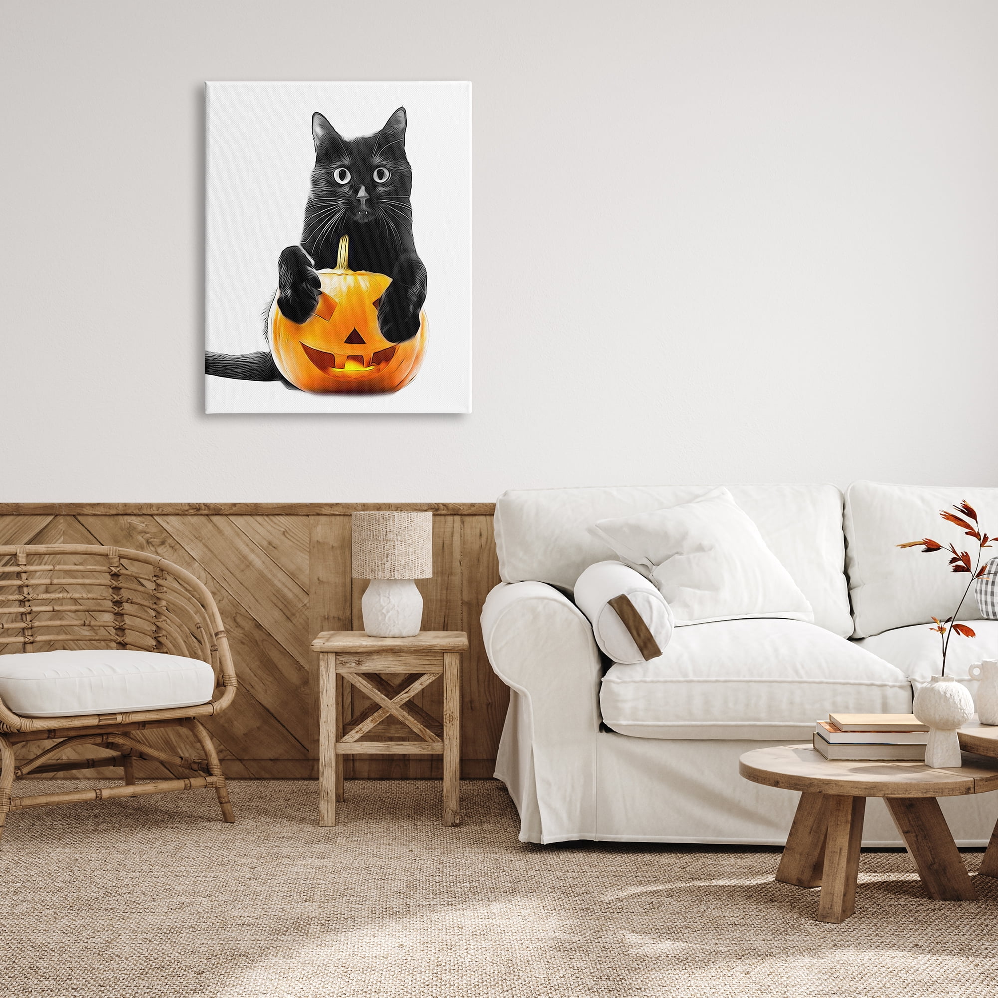 Stupell Industries Black Cat & Jack-o-Lantern Holiday Painting Gallery Wrapped Canvas Art Print Wall Art, 30 x 40