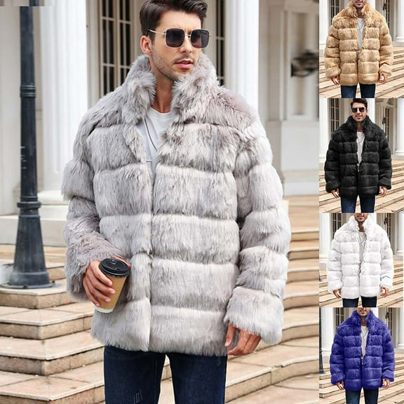 Lovskoo Mens Winter Coats Faux Fur Jacket Thick Warm Long Sleeve Open Front Cardigan Faux Furry Long Coat Jacket Solid Outerwear Black