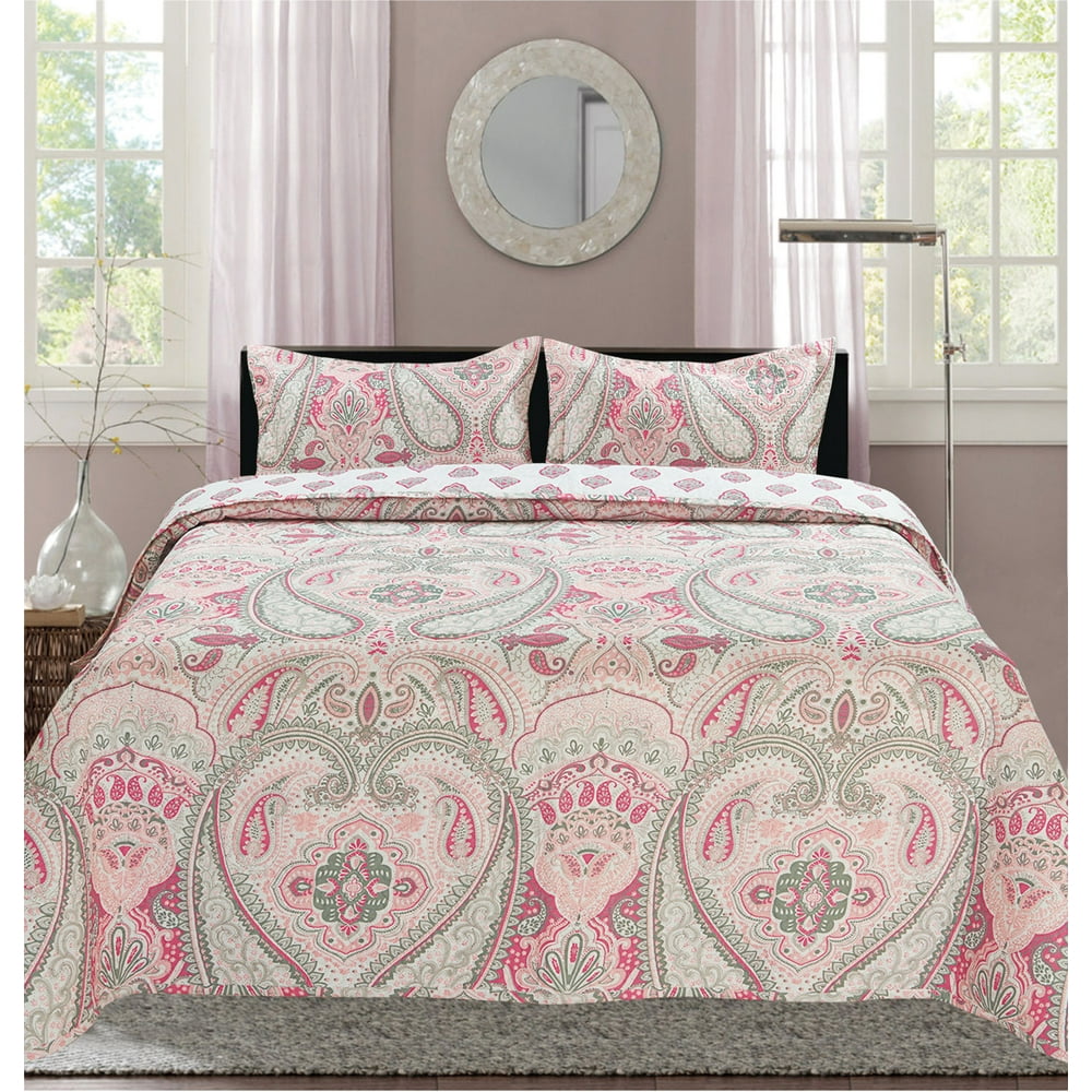 Premius Paisley Printed Reversible Quilt Set, Pink, King