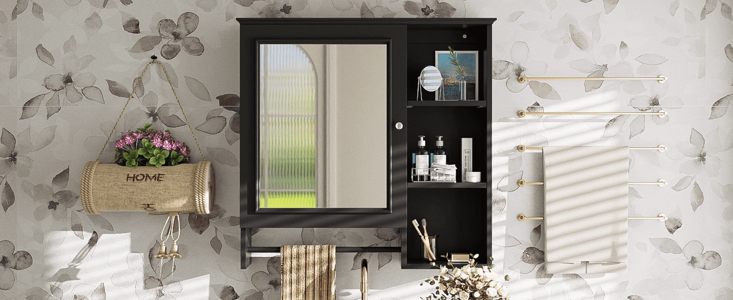 Euroco Wall Mounted Bathroom Storage Cabinet, Medicine Cabinets with large mirror door, adjustable shelves and three open storage levels(Not Include Bathroom Vanity )