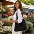 thumbnail image 4 of Kmonabie Handmade Knitted Shoulder Bag, Colorful Floral Strap Woven Tote Summer, Bohemian Crochet Beach Bag for Women Travel Market, Black, 4 of 5