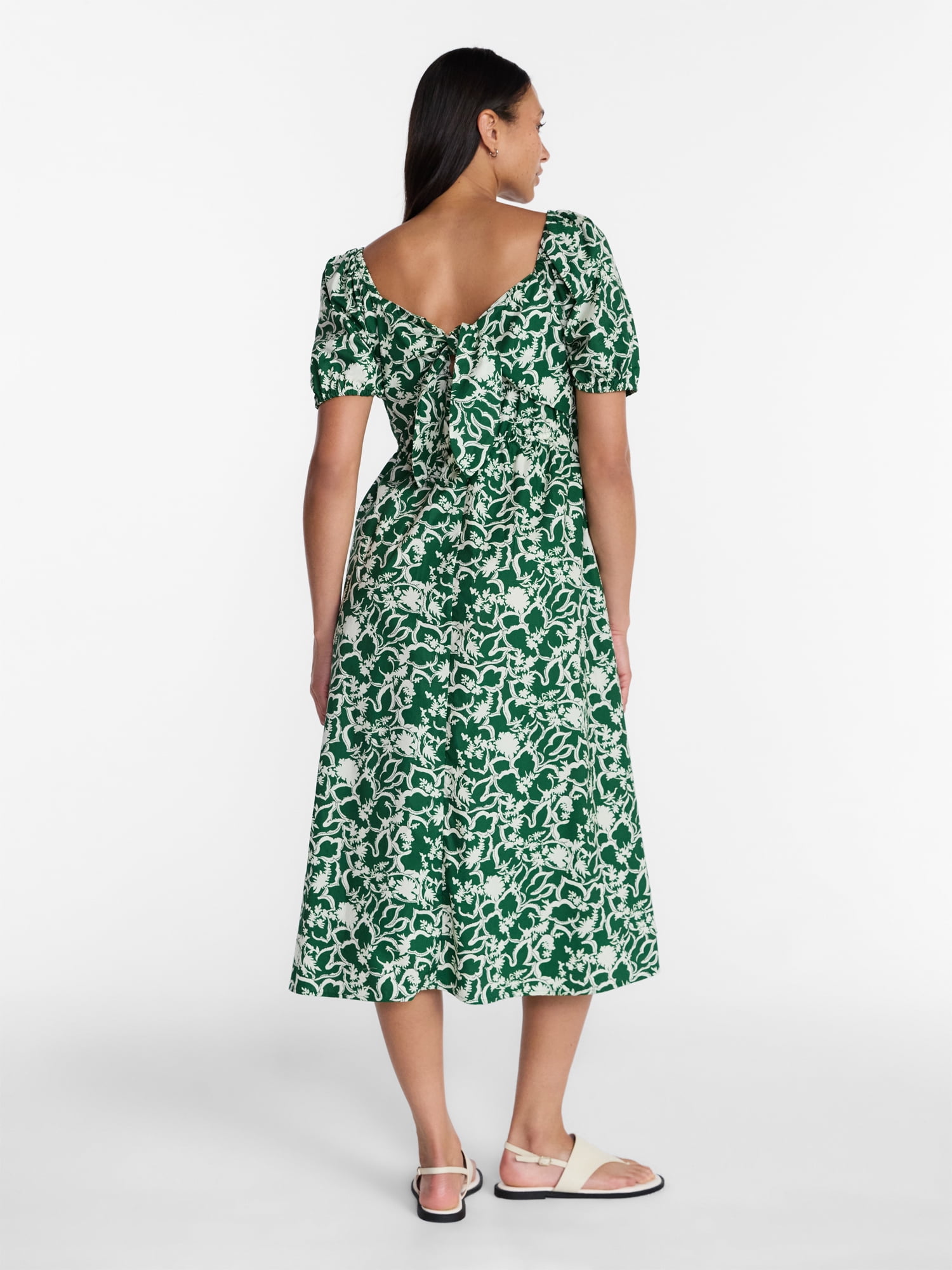 Time and Tru Women's and Women's Plus Cotton Back Tie Midi Dress with Short Puff Sleeves, Sizes XS-4X
