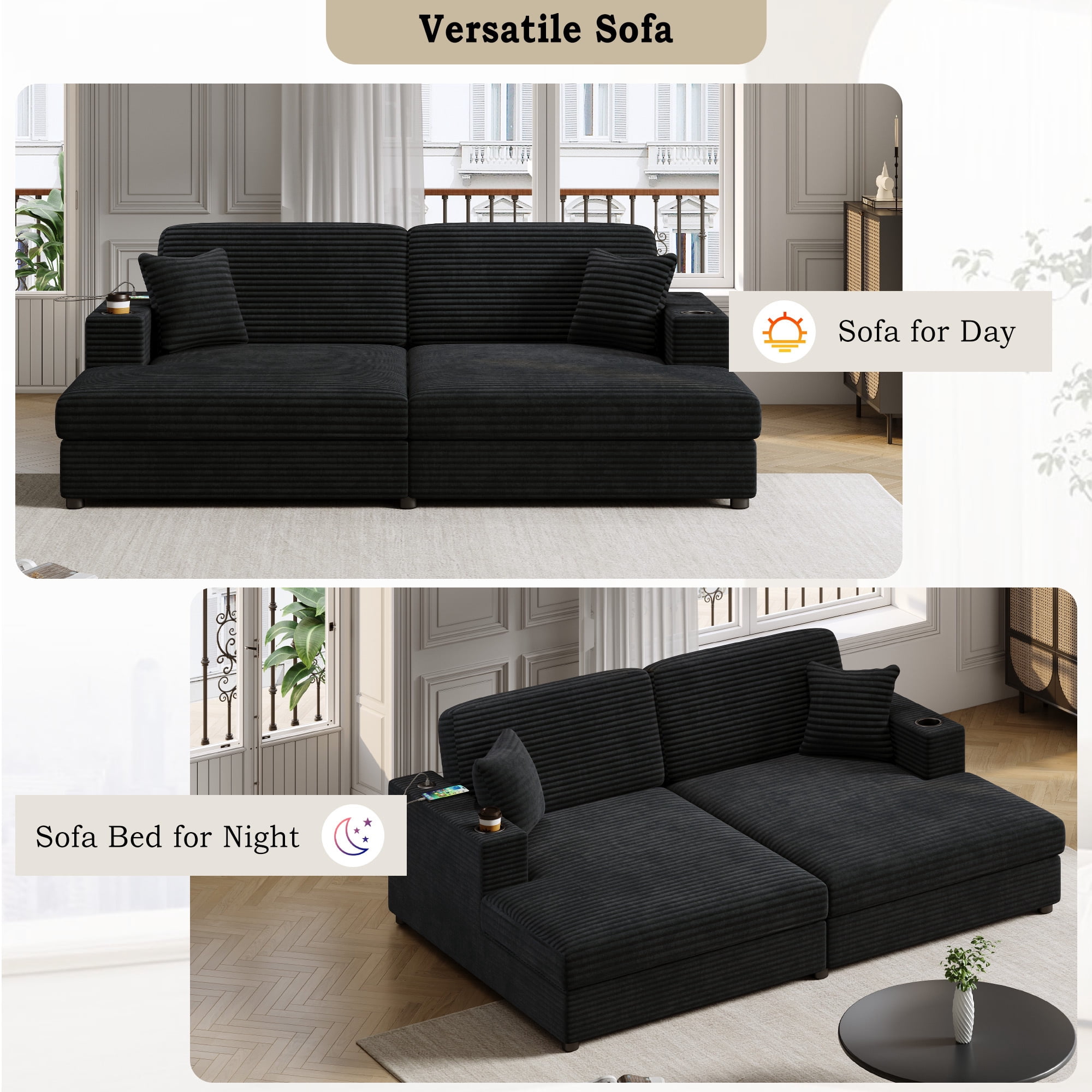 Aukfa 87" Double Chaise Oversized Sofa Bed with USB Ports&Cup Holder for Living Room, 2 Pillows, Corduroy, Black