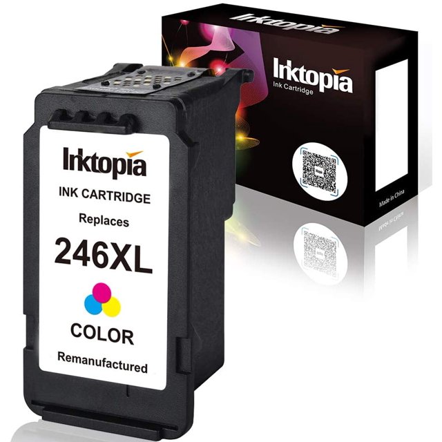 Inktopia Remanufactured Ink Cartridge compatible with Canon CL246, CL-246XL, 246 XL in tri-color. Ideal for printer supplies, the cartridge features a multicolour design and is shown alongside its branded packaging with vibrant graphics and QR code.