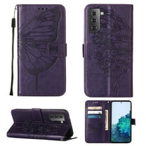 Dteck Samsung S21 Case, Butterfly Patterned Wallet Case, Magnetic Hand Strap Credit Card Holder Slots Synthetic Leather Kickstand Protective Cover For Samsung Galaxy S21, Purple