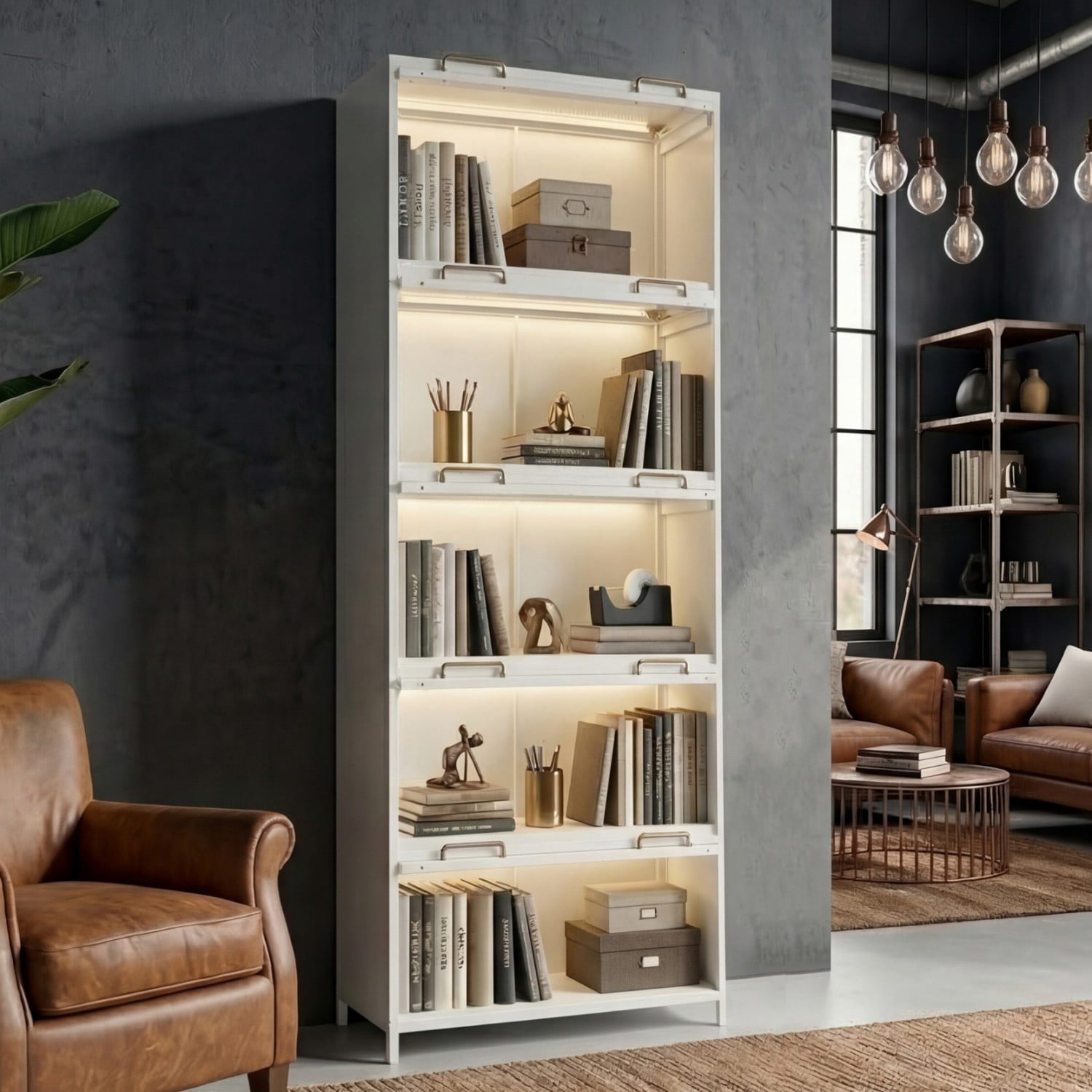 76.75" Tall Glass Display Cabinet with LED Lights, 5 Tier Iron Barrister Bookcase with Glass Doors, Modern Curio Cabinet for Collectibles Books Trophies Living Room Office Study, White