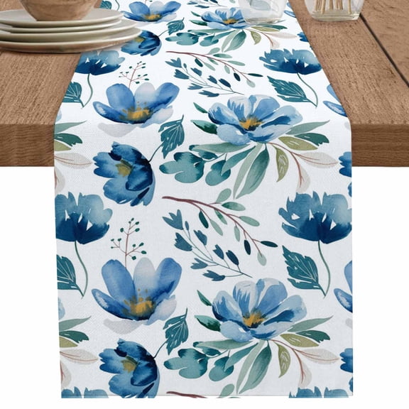 nqOlkjepod Blue Floral Table Runner 48 Inches Long Farmhouse Dress Scarves, Watercolor Farmhouse Flowers Painting Dining Tablerunner for Coffee Table/Kitchen Island/Party Décor, 13" x 48"