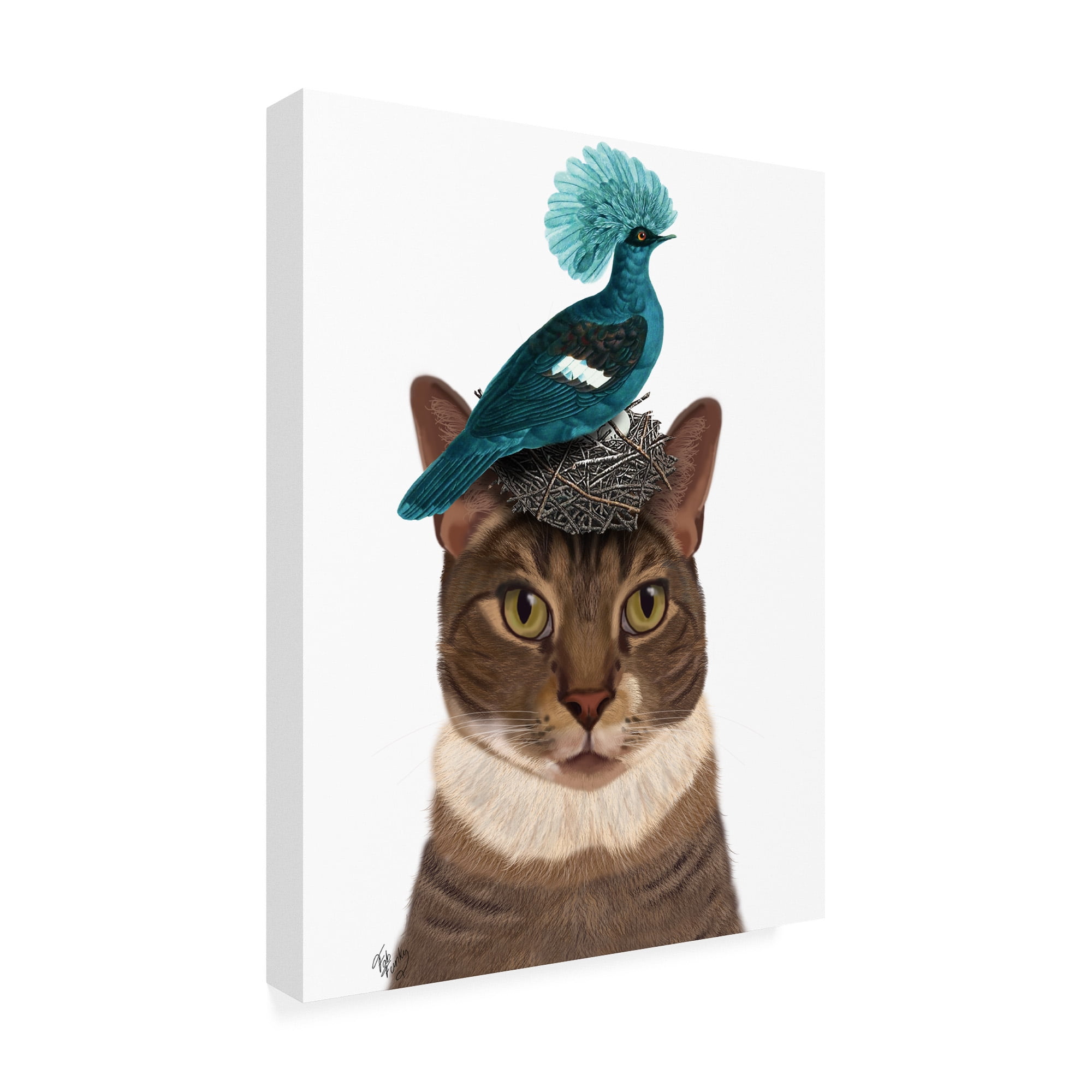 Trademark Fine Art 'Cat With Nest And Blue Bird On Head' Canvas Art by Fab Funky