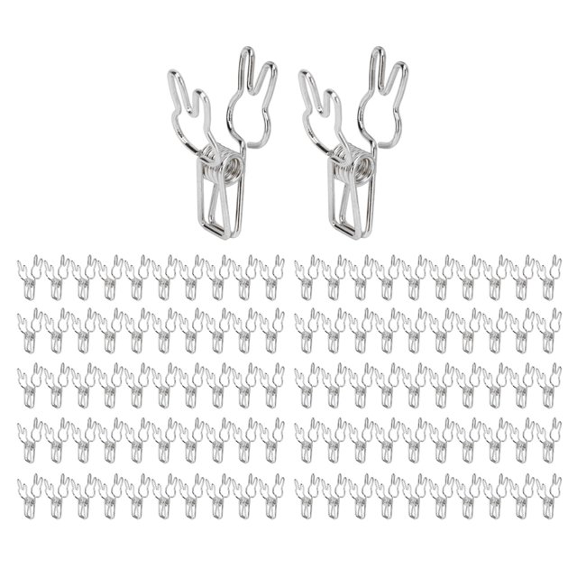 100 clips para carpetas con forma de conejo de dibujos animados, clips de cola larga ahuecados de metal, abrazaderas de papel para documentos de oficina, color plateado