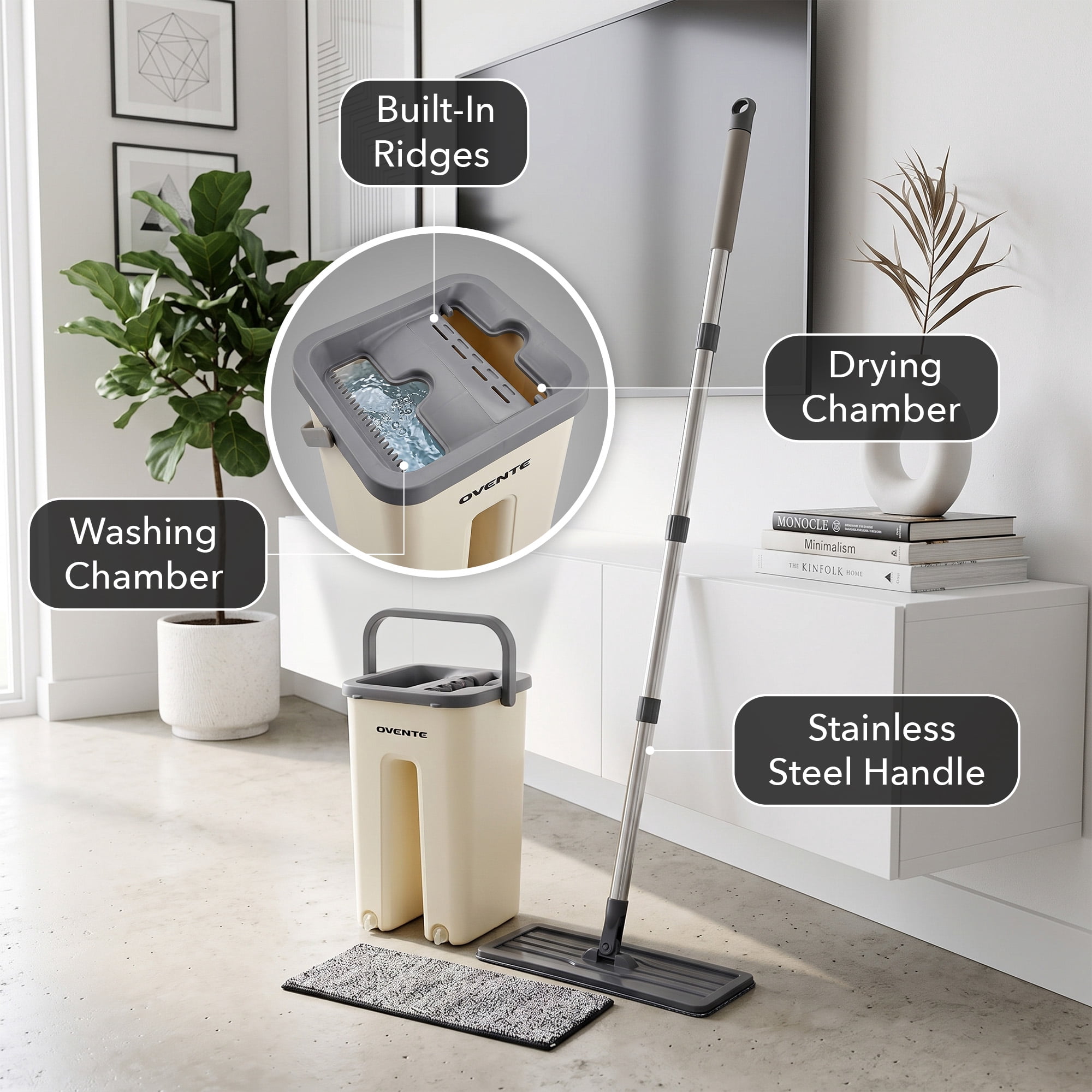 OVENTE Mop and Bucket Wringer Set, Washable Microfiber Pad, Beige MBP32BGG | 360° Rotating Head, Hands-Free Self-Cleaning Flat Floor Mop, Home Cleaner for Smooth Wall, Hardwood, Tile, Glass & More