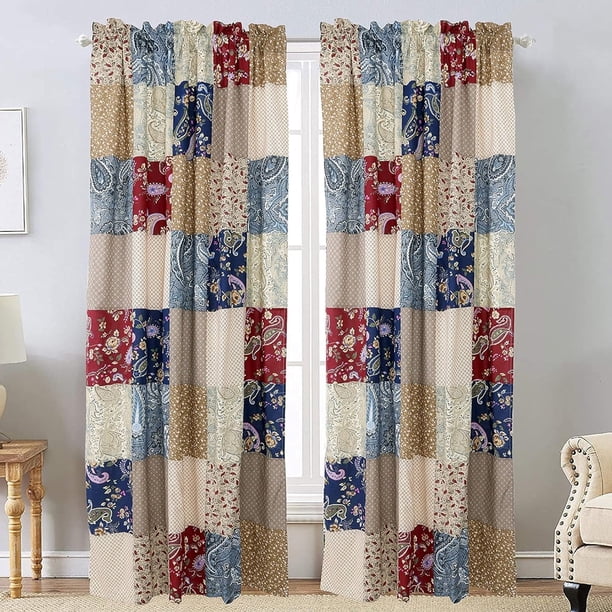 Juego de cortinas de patchwork con lazos para ventana, color rojo, azul marino y marrón, para dormitorio, habitación de invitados, casa rodante, hotel (2 paneles)