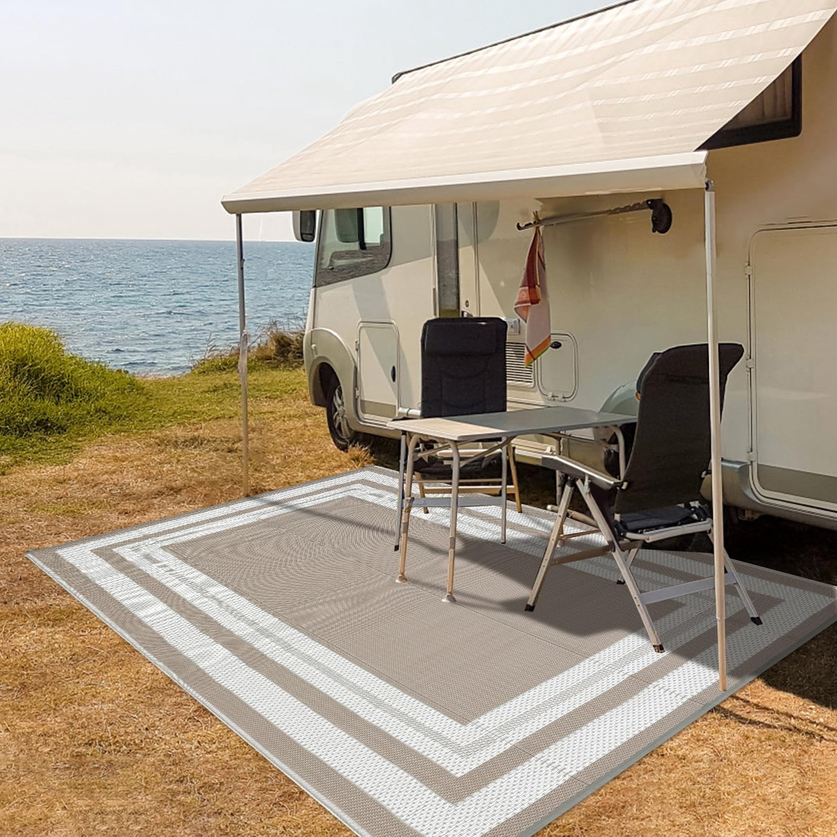 Outdoor Plastic Straw Rug 8x10 Reversible Patio Rug Outdoor Rug Waterproof Camping Rug Portable Outdoor Floor Mat for RV Porch Balcony Patio Camping Picnic Beach Grey Beige Panel