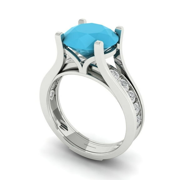 Clara Pucci 18K White Gold 3.39 Simulated Turquoise Engraveable Engagement Ring   Wedding Band Set