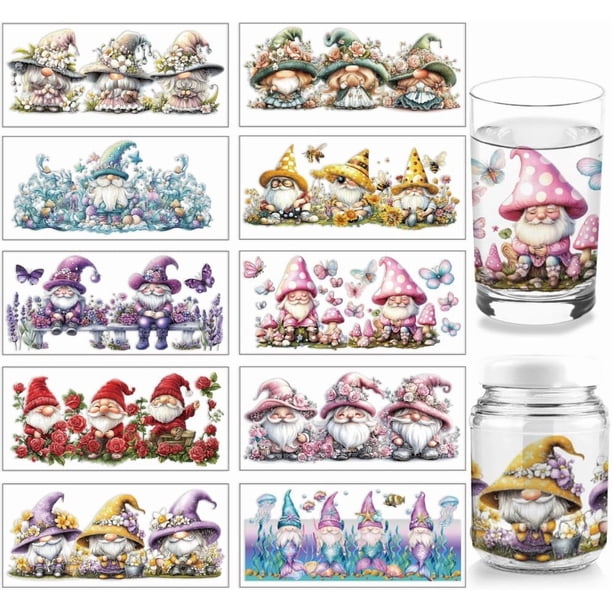10 hojas de pegatinas UV DTF con diseño de gnomo de ensueño para vasos de 16 oz, con diseño de flores, hojas, mariposas y abejas.