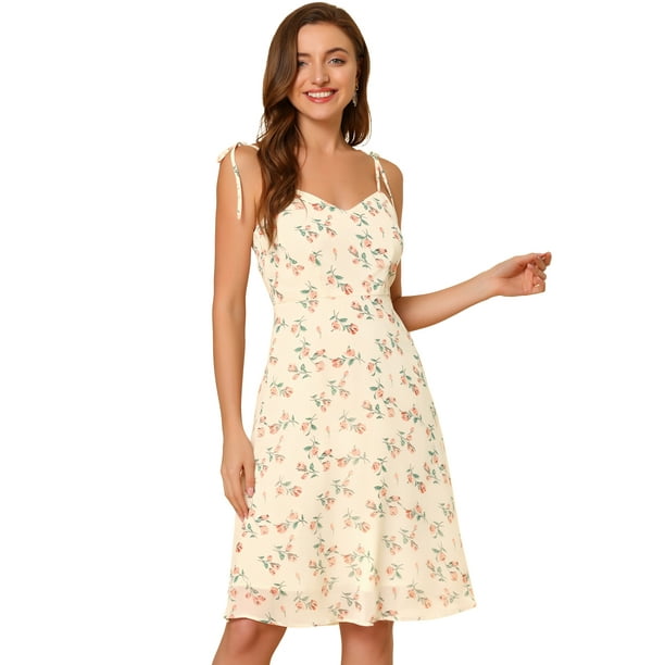 Vestido Aline con tirantes finos de verano para mujer Vestido de tirantes floral fruncido Beige L