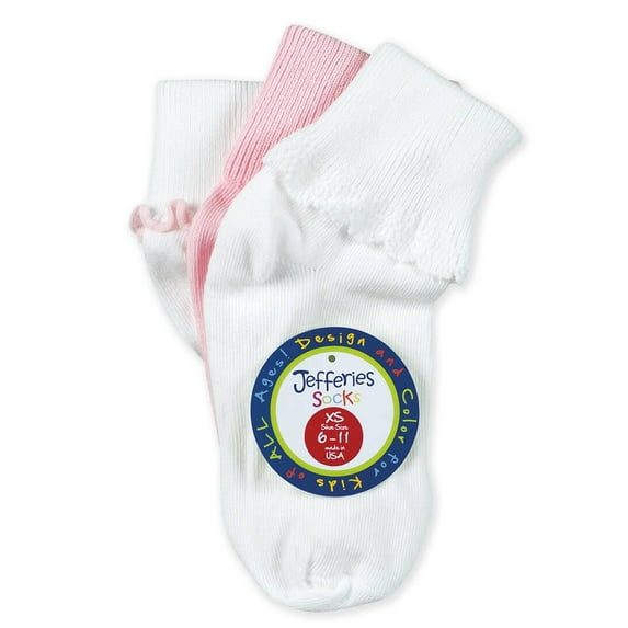 Jefferies Socks Girls Ruffle Lace Trim Classic Turn Cuff Socks 3 Pair Pack
