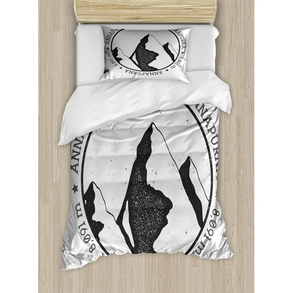 Nepal Twin Size Duvet Cover Set, Himalayan Mountains Annapurna in South East Asia Greyscale Landscape Design, Decorative 2 Piece Bedding Set with 1 Pillow Sham, Black Charcoal Grey, by Ambesonne